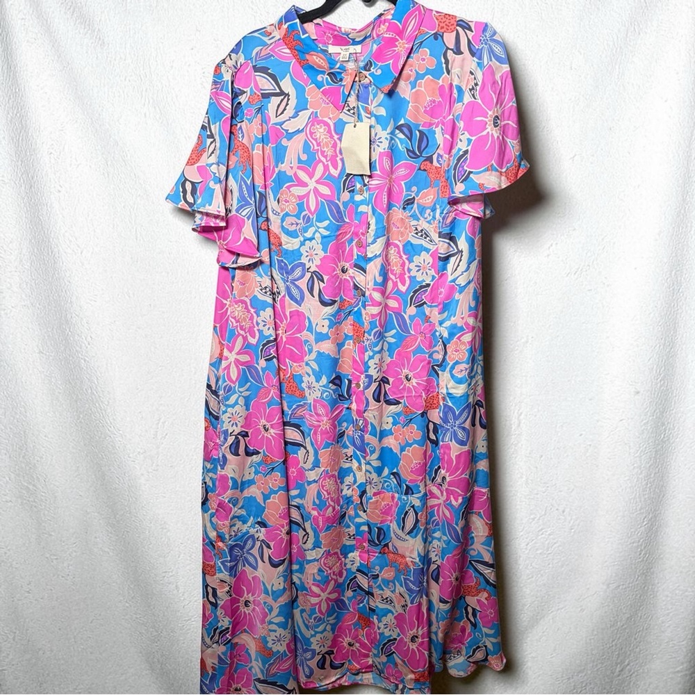 Easel Bright Floral Midi Dress in Blue and Pink